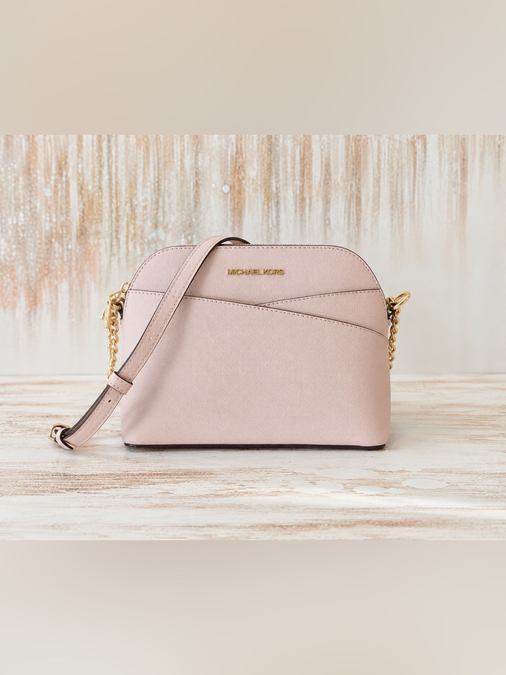 Michael Kors Staffiano Leather Shell Crossbody Bag Blush Pink Gold Chain